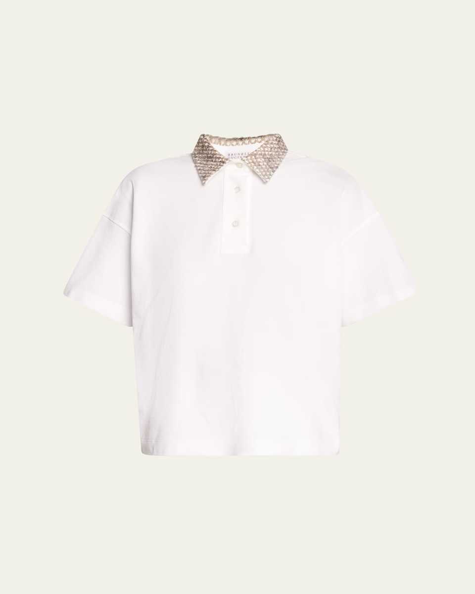 Embroidered Collar Cotton Piquet Polo Shirt
